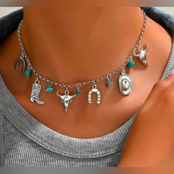 Western Silver Necklace with Turquoise Charms - Picture 2 of 3